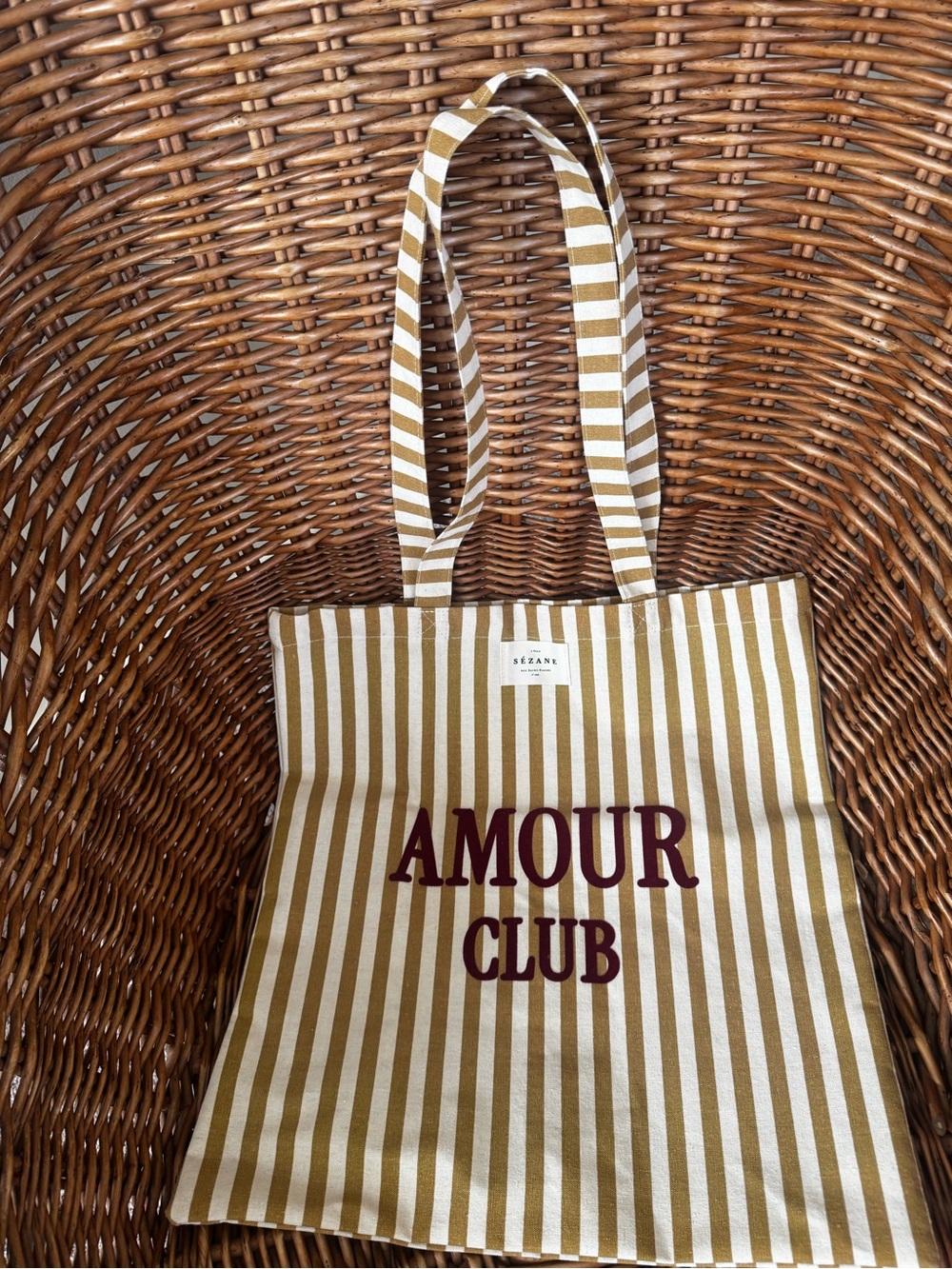 Sezane Striped Cotton Tote in Mustard and White with Burgundy Logo